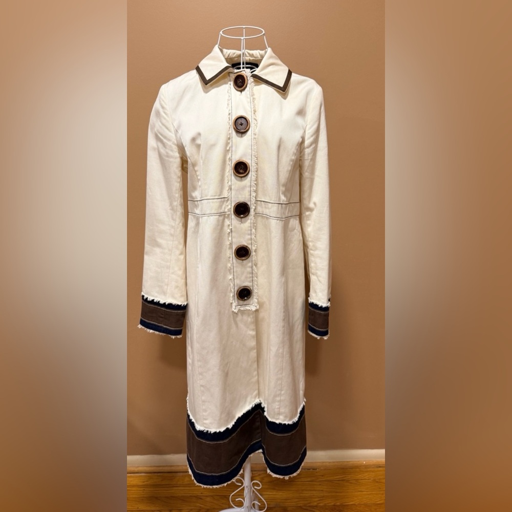 Boden Agar Trench Coat Cream Navy Contrast Trim Frayed Hem Wood Buttons 10